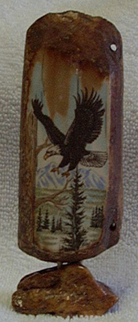 Alaskan Bald Eagle Landing, Ancient Fishing Weight, Fossil Walrus Ivory, Click to purchase this item.